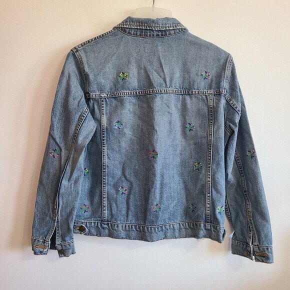 The GREAT. The Boxy Jean Jacket Flower Embroidery Slightly Distressed Size 1 - Picture 2 of 11